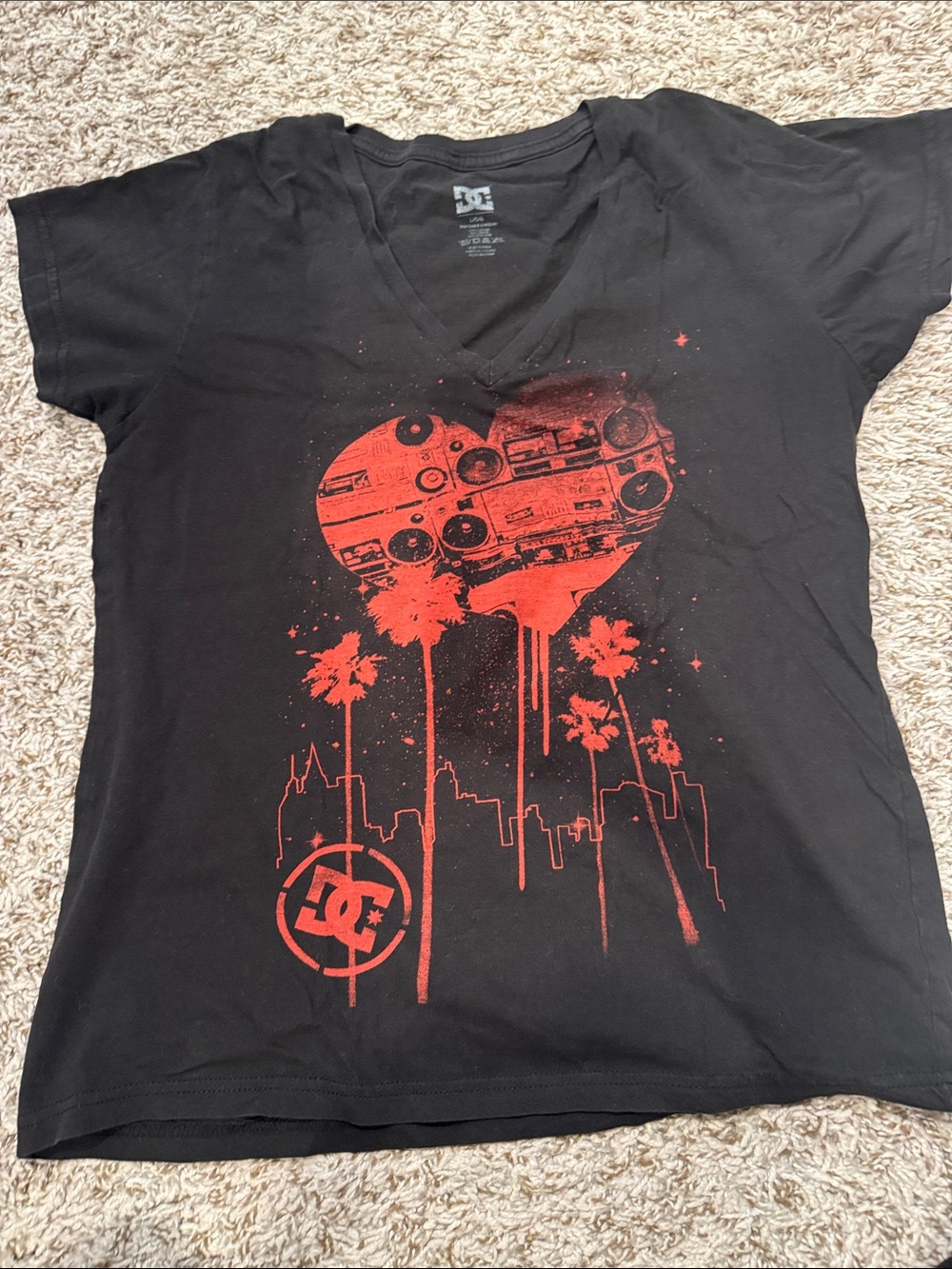 DC Black V-Neck Tee with Red Heart and Palm Skyline Graphic